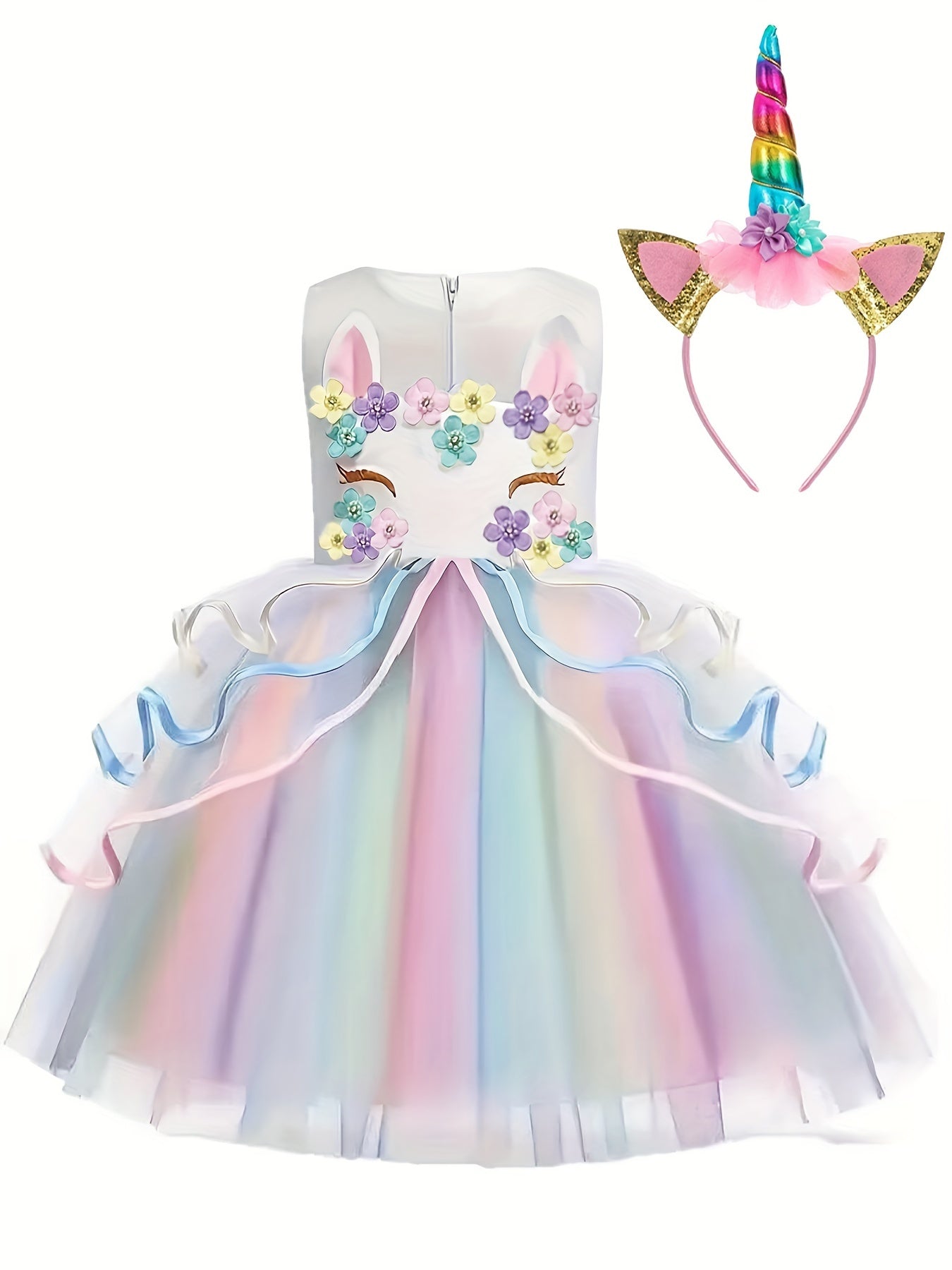 Unicorn Princess Dress Floral Print Mesh Tulle Kids Dress