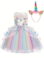 Unicorn Princess Dress Floral Print Mesh Tulle Kids Dress