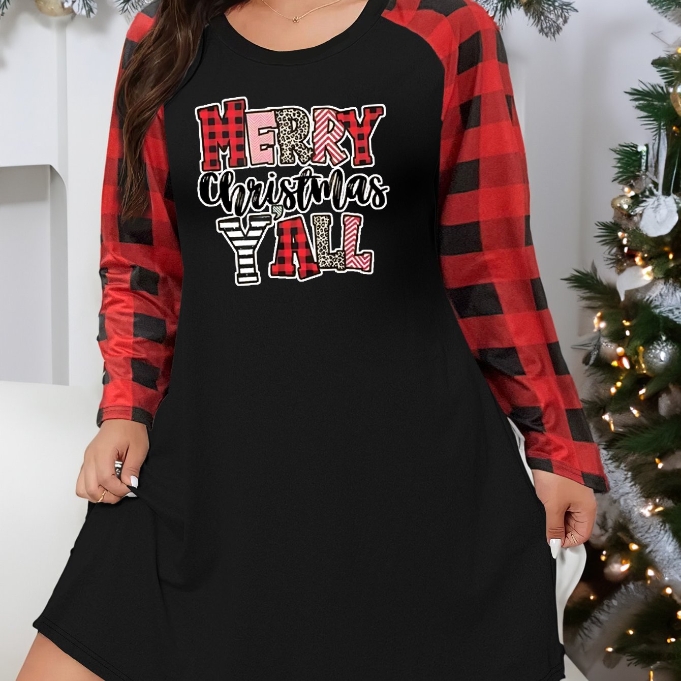 Christmas Casual Loungewear Dress Women's Plus Slogan Print Plaid