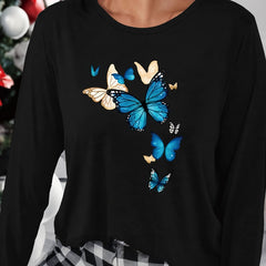 Butterfly Print Long Sleeve Crew Neck Top