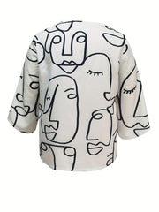 Abstract Figure Print Zip Up Long Sleeve V Neck Top