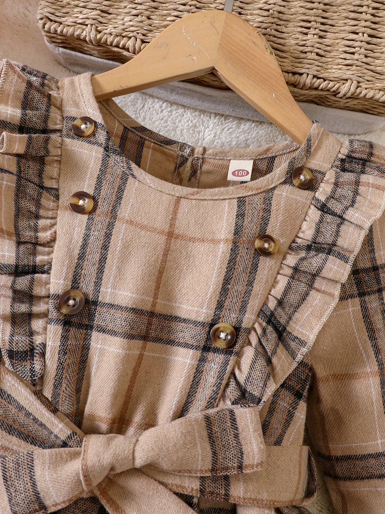 Girls' Plaid Ruffle Trim Dress Set with Hat