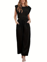 Solid Casual Two-Piece Set Crew Neck Vest & High Waist Pants Set