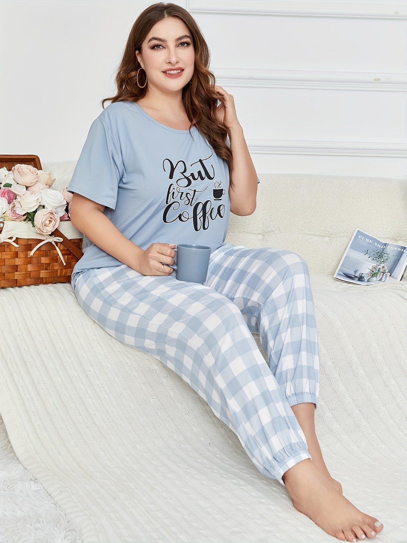 Letter Print Pajama Set - Short Sleeve Top & Gingham Print Pan