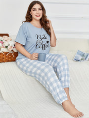 Letter Print Pajama Set - Short Sleeve Top & Gingham Print Pan