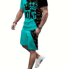 Men's King Crown Print 2 Piece Outfit T-shirt and Drawstring Shorts Set
