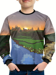 Pixel Landscape Print Kid's Sweatshirt Pullover Long Sleeve Top