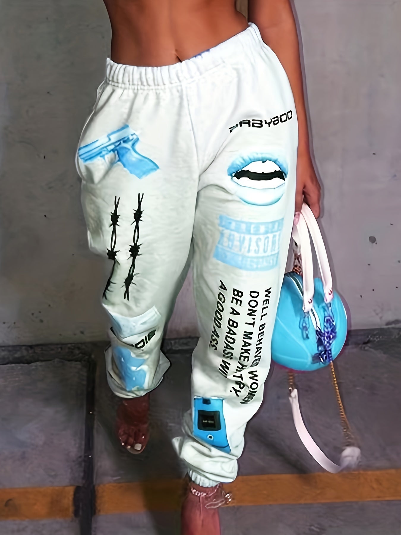 Letter & Lips Print Pants Casual Sporty Elastic Waist Pants