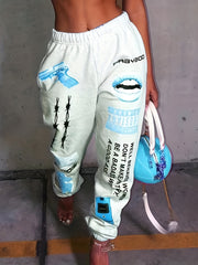 Letter & Lips Print Pants Casual Sporty Elastic Waist Pants