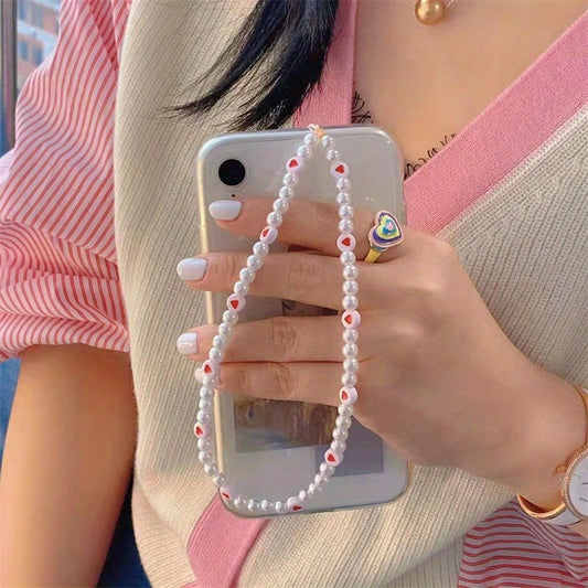 Resin Red Love Pearl Phone Lanyard Keychain for Girls