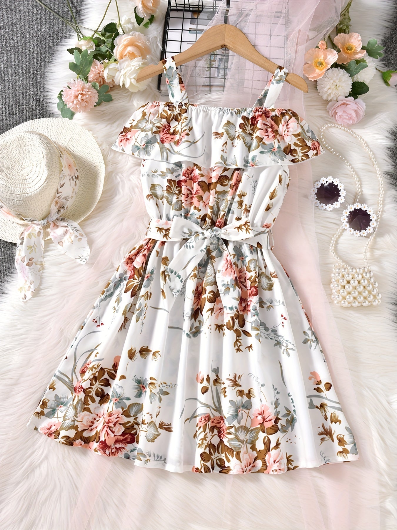Girls Off Shoulder Ruffle Trim Flowers Print Belted Princess Dress