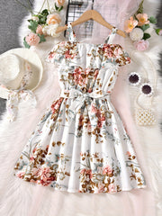 Girls Off Shoulder Ruffle Trim Flowers Print Belted Princess Dress