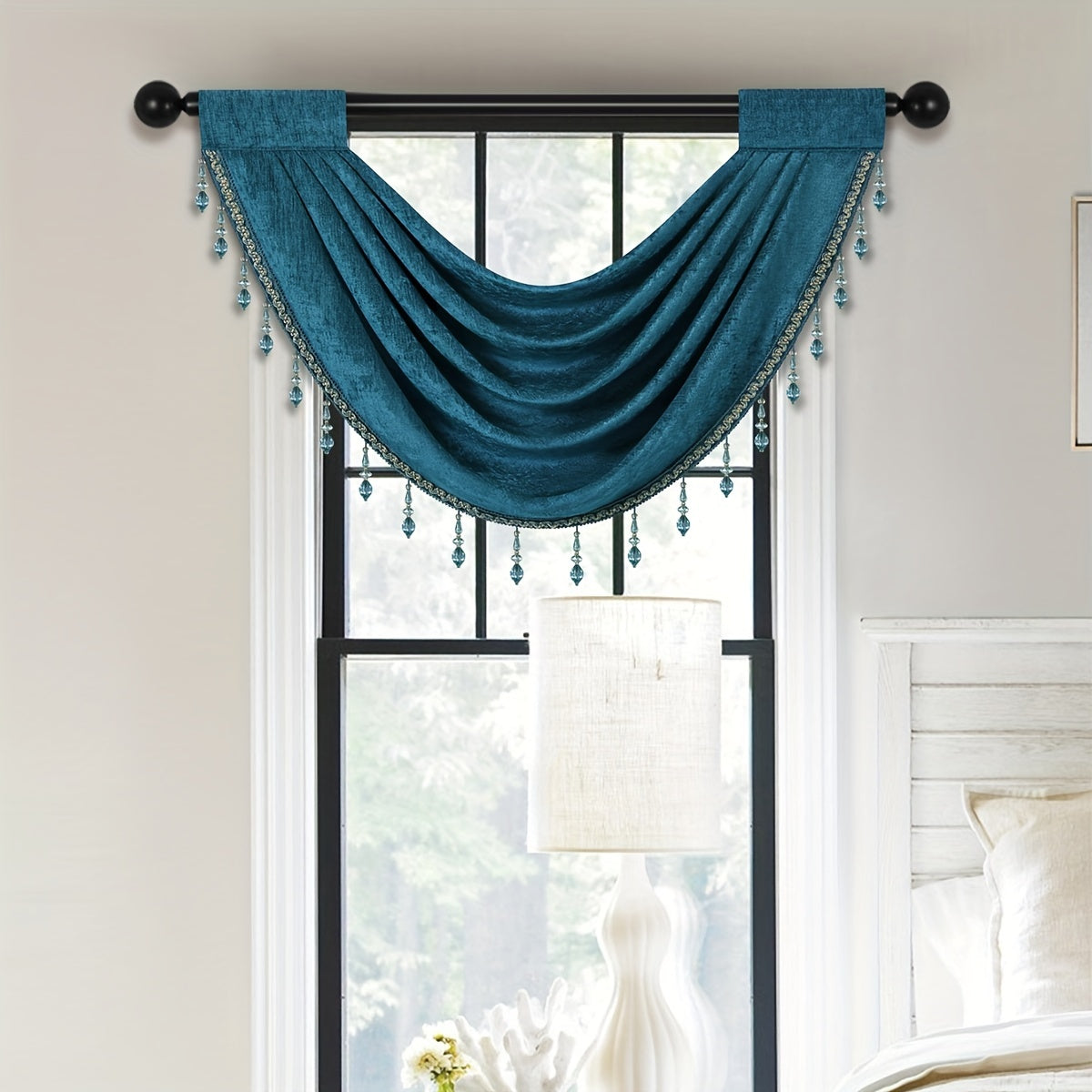 Solid Wave Valance Chenille Short Curtain Bead Rod Pocket Window Curtain