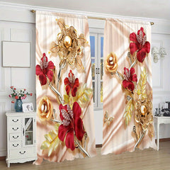 2pcs 3D Red Rose Flowers Curtain Golden Flowers Blackout Rod Pocket Curtain