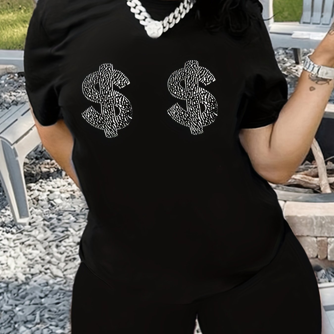 Rhinestone Print Two-piece Set T-shirt & Biker Shorts Outfit