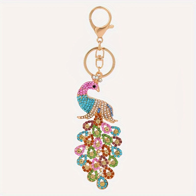 Metal Inlaid Diamond Peacock Keychain Car Pendant Gift