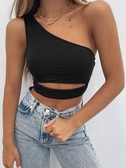 One Shoulder Sleeveless Crop Top Casual Women's Clothing