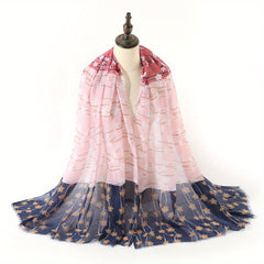 Flower Print Raw Edge Scarf Classic Block Shawl Casual Windproof Head Wrap