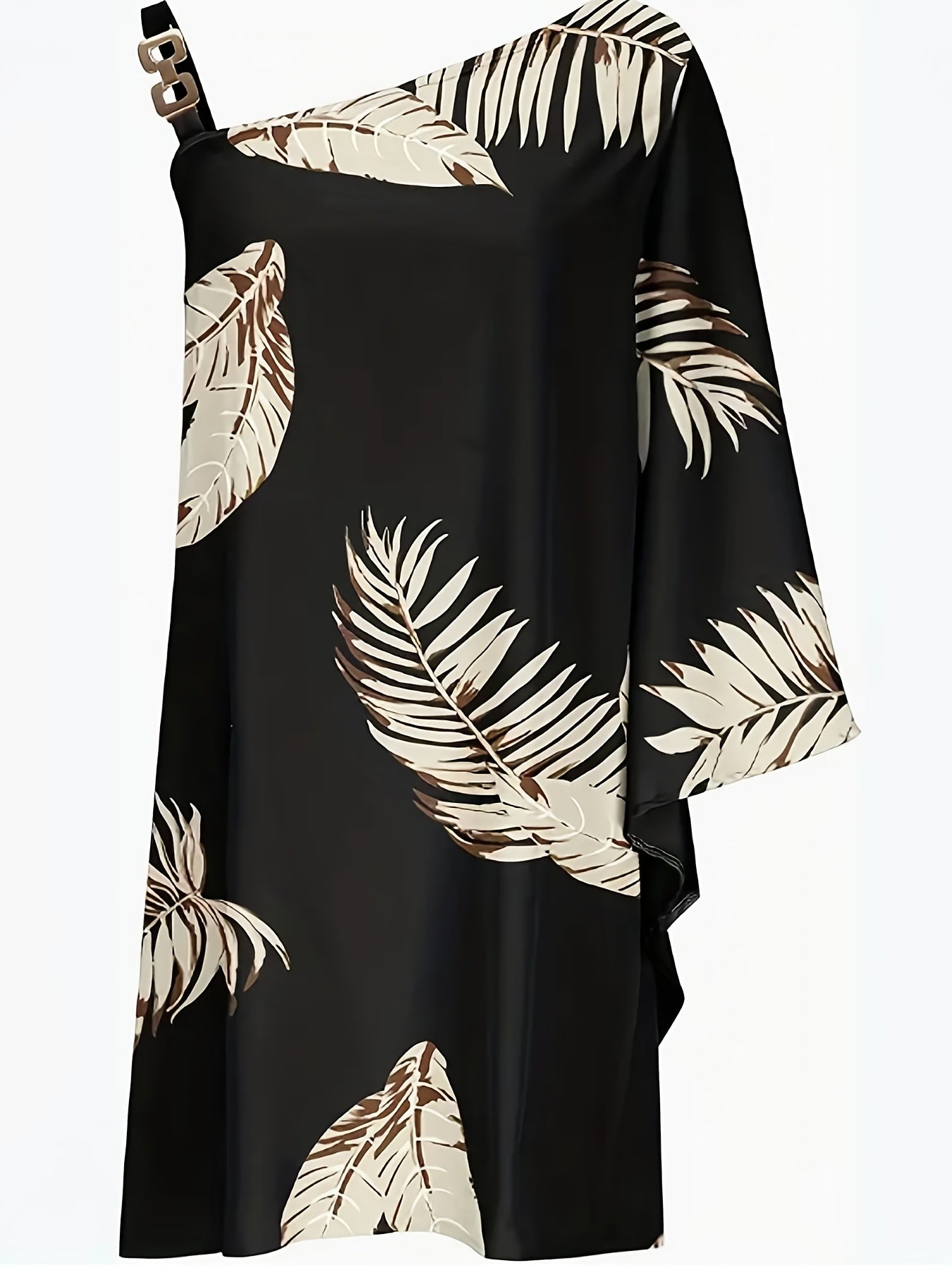 Women's Plus Size Leaf Print One Shoulder Mini Dress