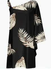 Women's Plus Size Leaf Print One Shoulder Mini Dress