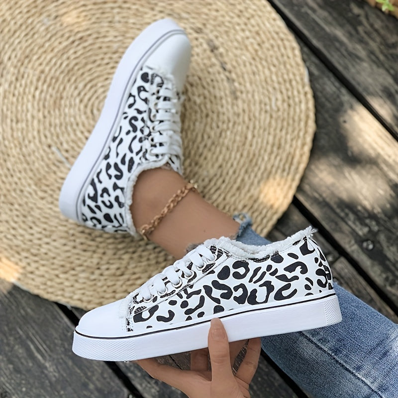 Leopard Print Canvas Sneakers Women Casual Lace Up Low Top Shoes