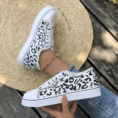 Leopard Print Canvas Sneakers Women Casual Lace Up Low Top Shoes