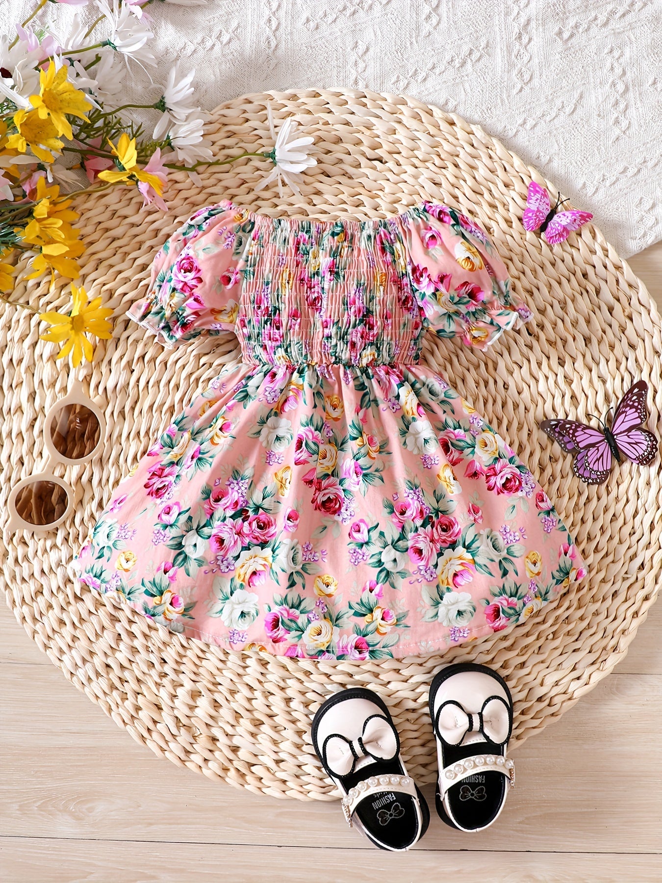 Baby Girls Butterfly Floral Print Puff Sleeve Dress for Summer