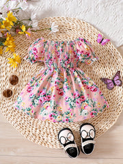 Baby Girls Butterfly Floral Print Puff Sleeve Dress for Summer