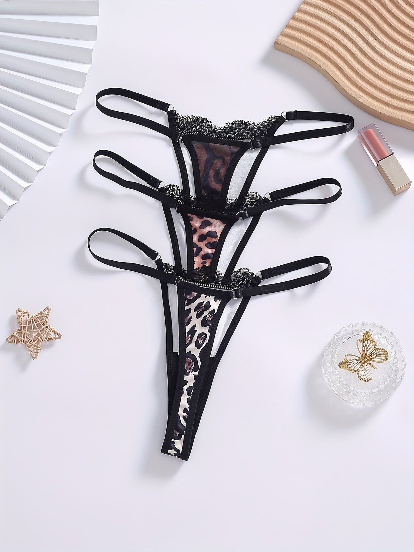3 Pack Plus Size Sexy Thongs Set Women's Plus Leopard Print Lace G strings