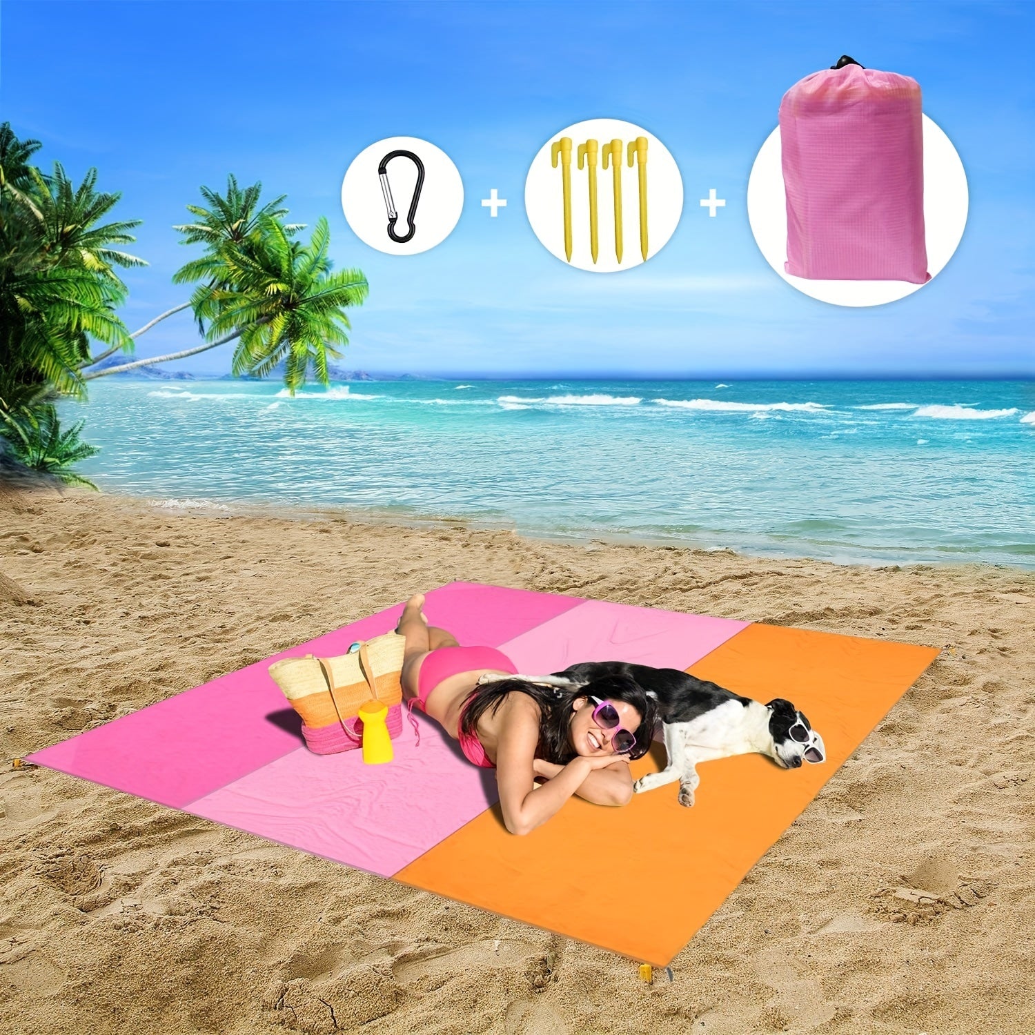 Waterproof Sandproof Beach Blanket Large Size with 4 Nails & Storage Bag