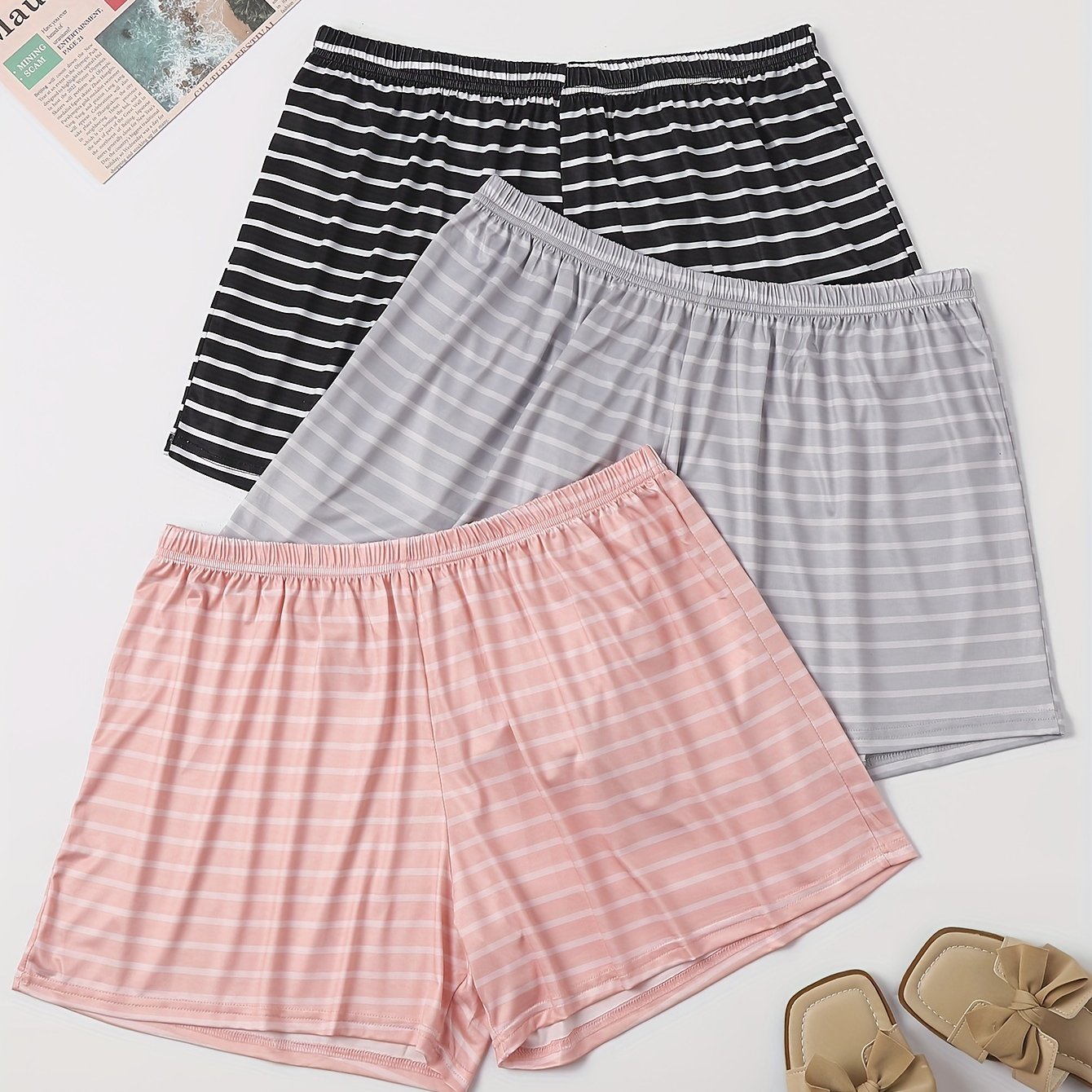 3 Pack Plus Size Striped Lounge Bottoms Set Elastic Waist Sleepwear