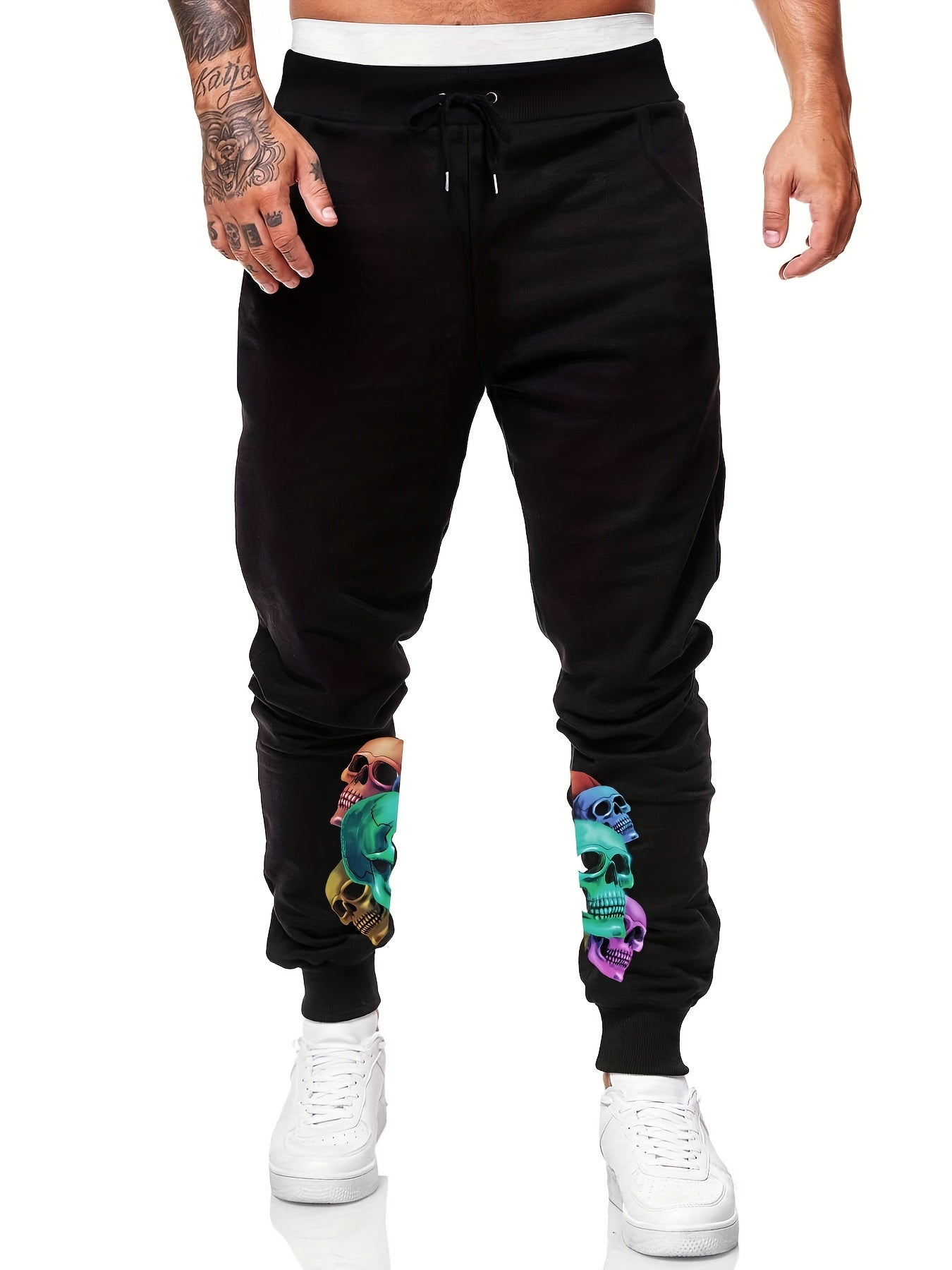 Colorful Skulls Print Warm Sweatpants Drawstring Jogger Pants