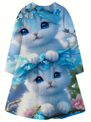 Girls Kitty Graphic Crew Neck Long Sleeve Dress Spring Fall Party Gift