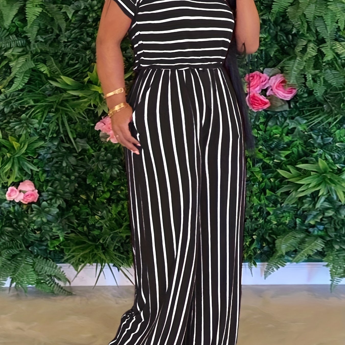 Striped Print Two piece Set Casual Short Sleeve T shirt & Wide Leg Pants