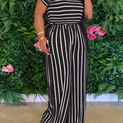 Striped Print Two piece Set Casual Short Sleeve T shirt & Wide Leg Pants