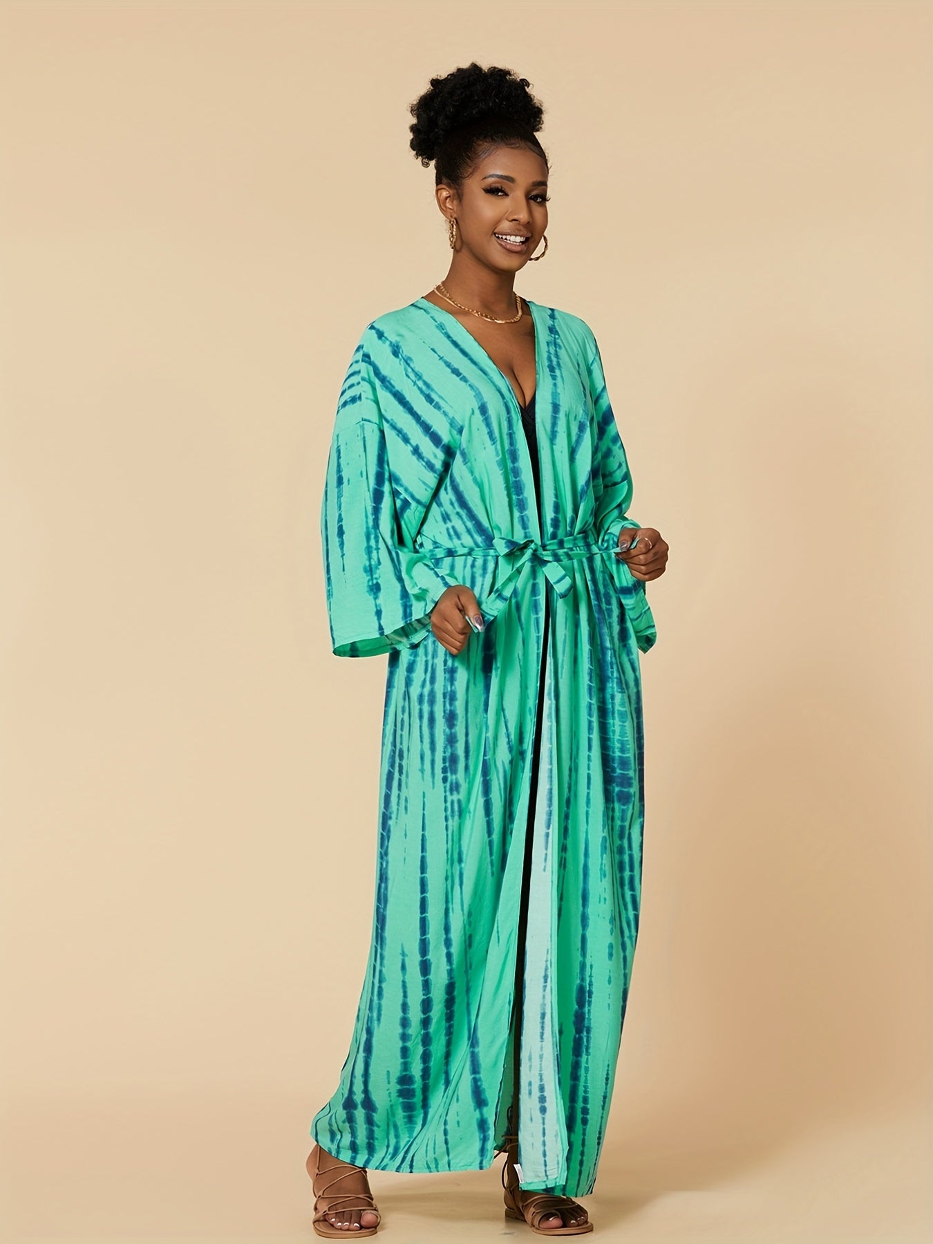 Boho Plus Tie Dye Striped Belted Cover Up