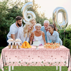 Pink Rose Flower Butterfly Tablecloth for Birthday Wedding Party