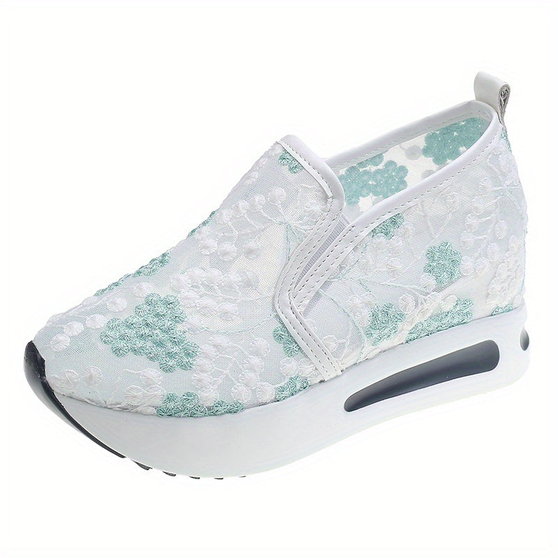 Floral Embroidered Sneakers Mesh Platform Shoes Inner Wedge Heel