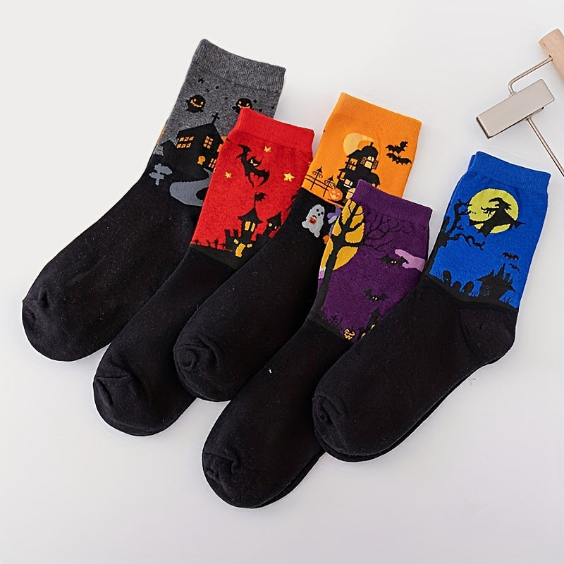 5 Pairs Bat Pattern Socks - Funny Halloween Mid Tube Women's Stockings