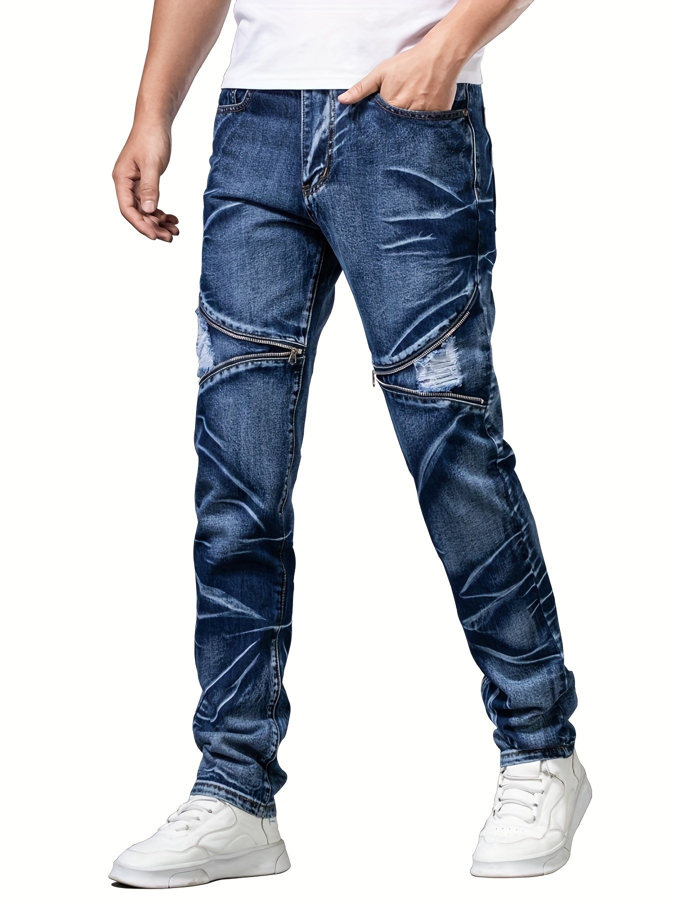 Men's Zipper Tie Dye Ripped Jeans Casual Street Style Denim Pants