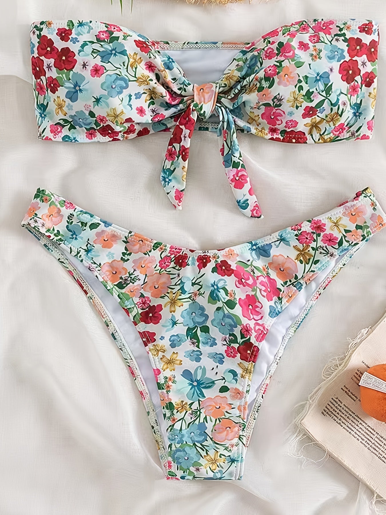 Floral Print Bandeau Bikini Sets Knot Front Strapless Tube Top