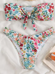 Floral Print Bandeau Bikini Sets Knot Front Strapless Tube Top