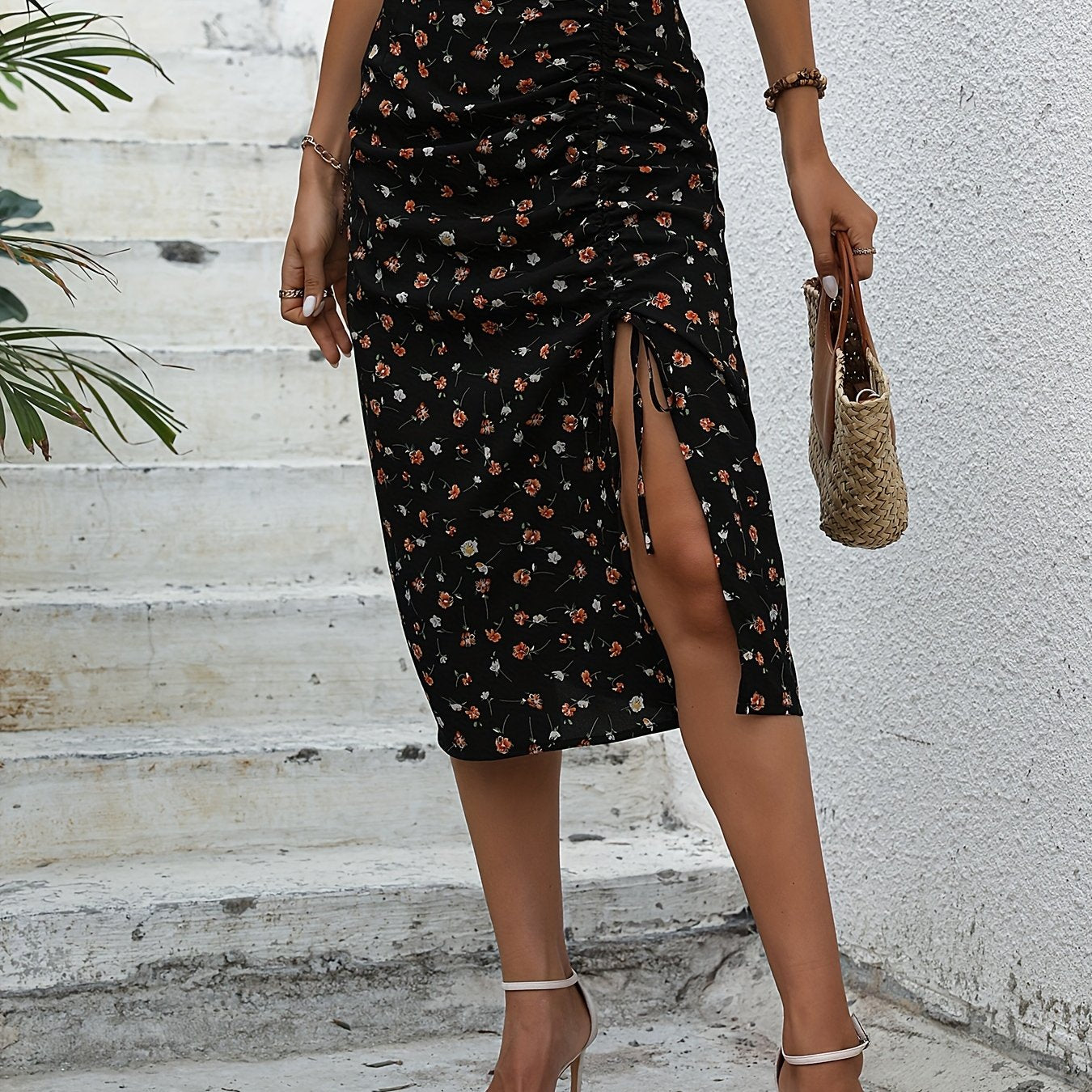 Floral Print Ruched Drawstring Skirt for Spring & Summer