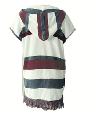 Colorblock Tassel Drawstring Fringe Trim Open Front Hoodie