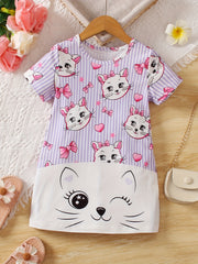 Toddler Girls Cartoon Cat Graphic T-shirt Dress For Party Kids