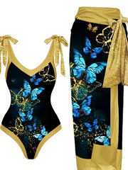 Butterfly Print Tankini Set with Skirt