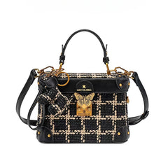 Vintage Plaid Leather Crossbody Bag Women Removable Strap Buckle Closure