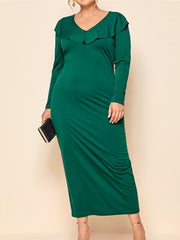 Solid Ruffle Trim V Neck Maxi Dress
