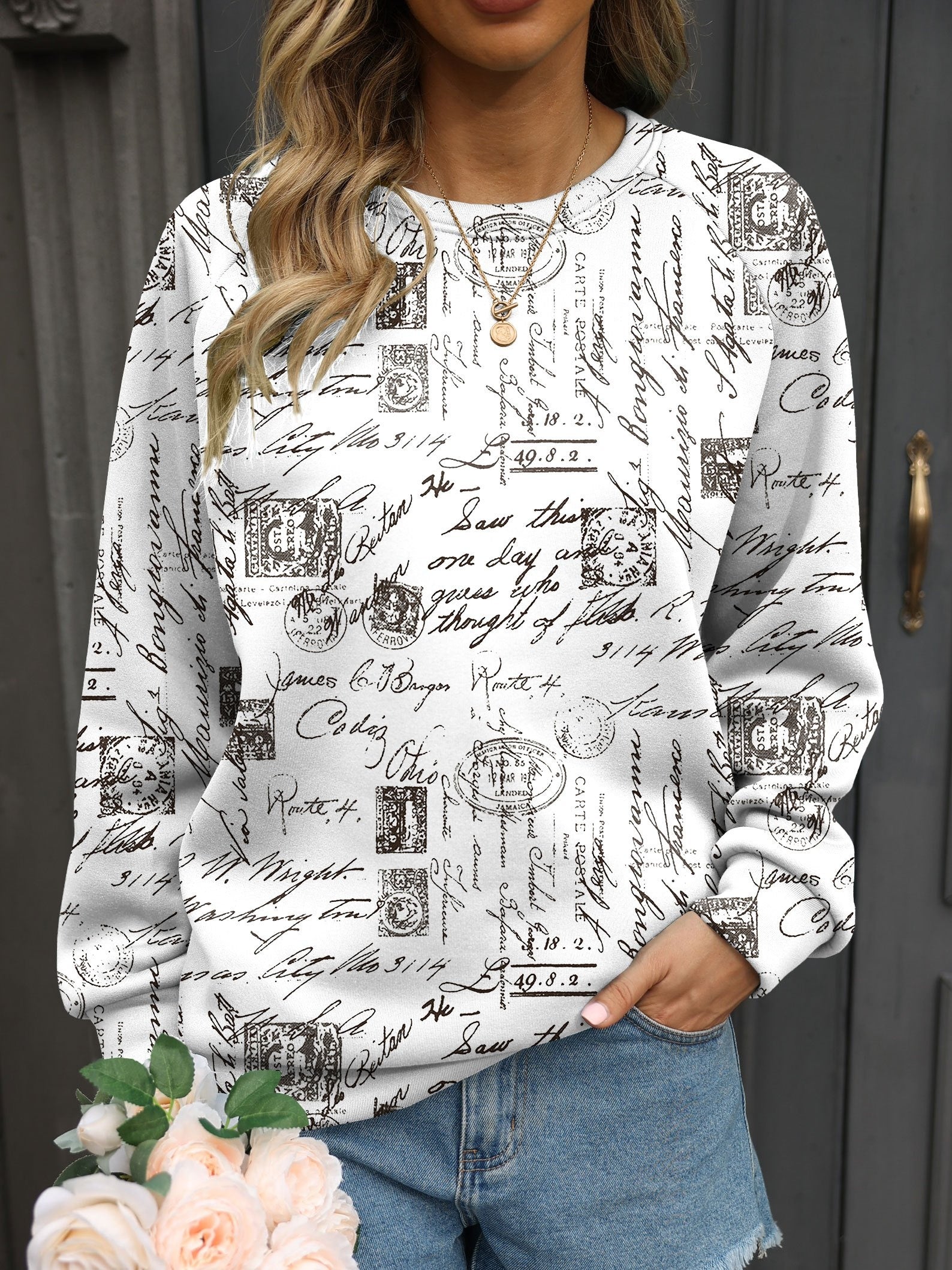 Jesus Letter Printed Sweatshirt Crew Neck Long Sleeve