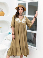 Lace Ruffle Trim V Neck Dress